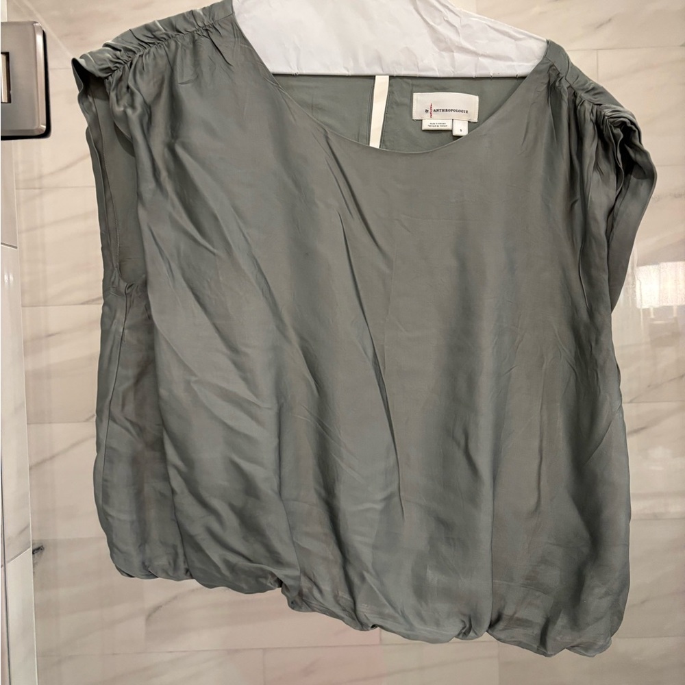 Anthropologie Green Cap Sleeve Blouse with Peter Pan Collar